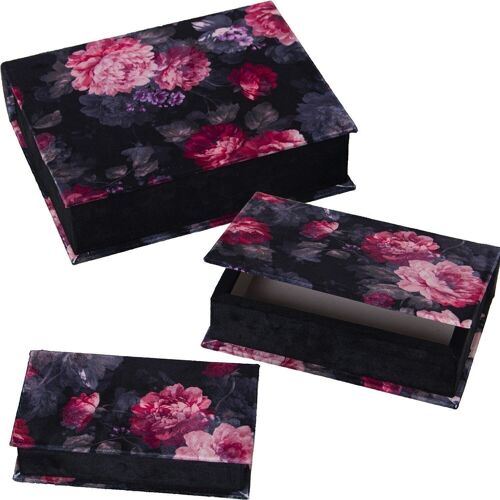 SET 3 CAJAS LIBRO TERCIOPELONEGRO ESTAMPADO FLORES 25X19X7+22X14X6+18X12X5CM LL25060