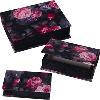 SET 3 BLACK VELVET BOOK BOXES PRINTED FLOWERS 25X19X7+22X14X6+18X12X5CM LL25060