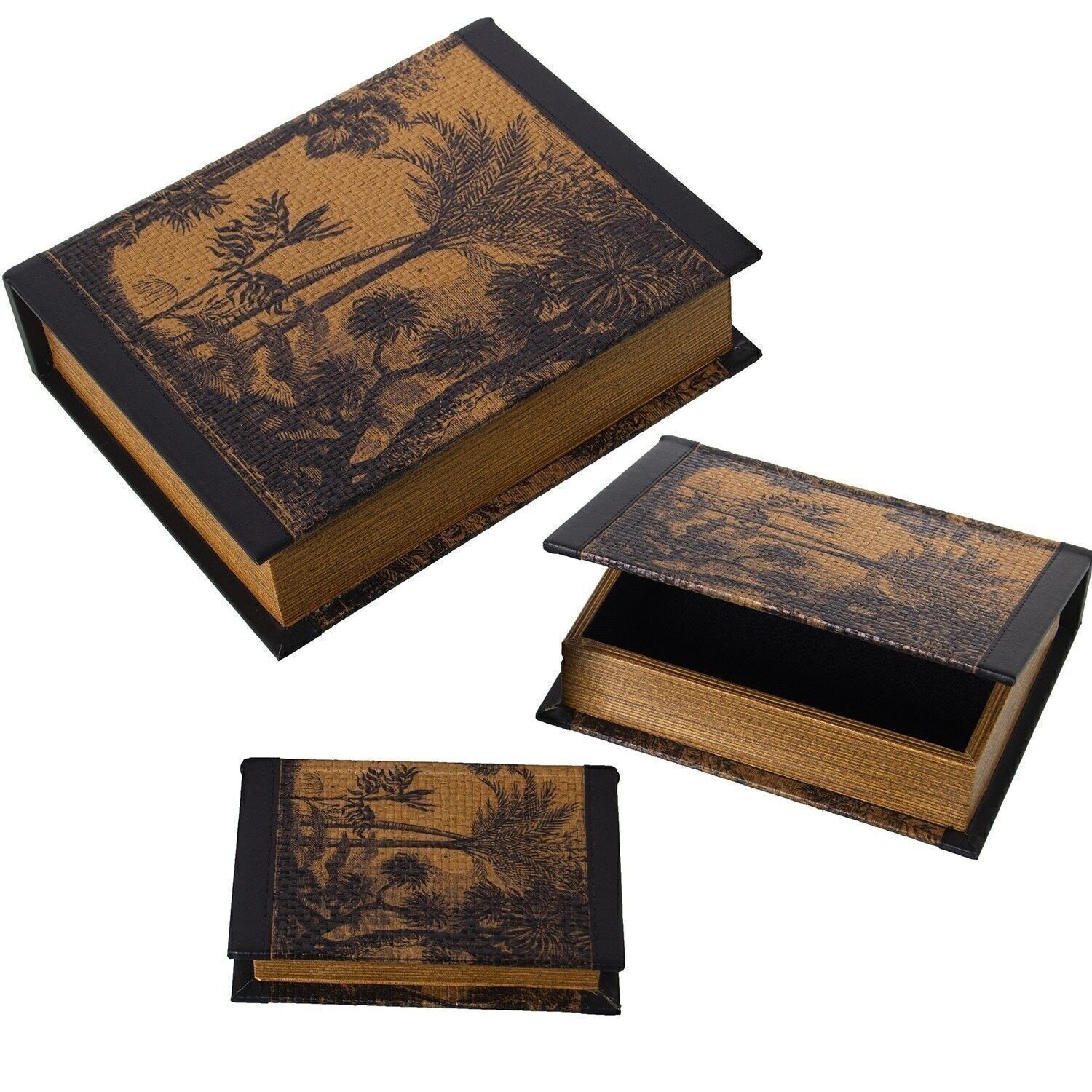 SET 3 CAJAS LIBROS DECORADAS MADERA DM+RATÁN PALMERAS 30X24X8+24X18X6+18X12X4CM LL27025