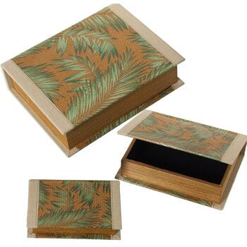 SET 3 BOITES LIVRES DÉCORÉESDMWOOD+ROTIN FEUILLES DE PALMIER 30X24X8+24X18X6+18X12X4CM LL27026