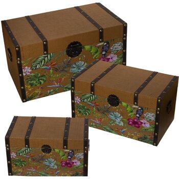 SET 3 COFFRES EN BOIS DM+FLEURS DE RATA 65X38X35+55X32X30+45X26X25CM LL27029