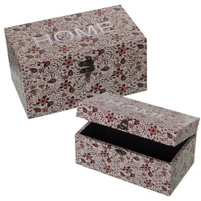 SET 2 BOITES DÉCORÉES BOIS MDF/TOILE POLYESTER -MAISON- 30X18X15+24X14X12CM LL27030