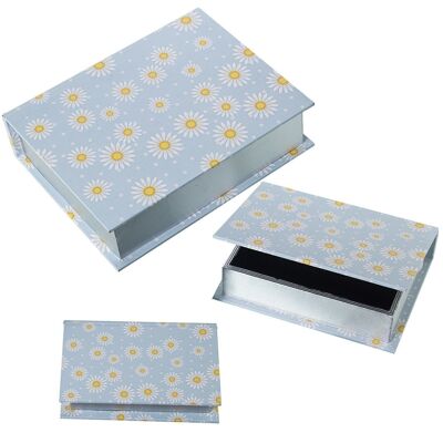 SET 3 BOITES LIVRES DÉCORÉESDMW BOIS/TOILE POLYESTER MARGA 30X24X8+24X18X6+18X12X4CM LL27031