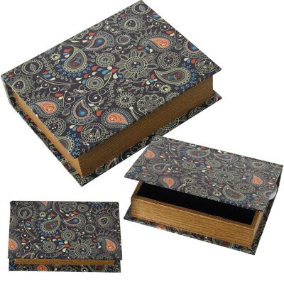 SET 3 DECORATED BOOK BOXES MDF WOOD/POLYESTER CANVAS 30X24X8+24X18X6+18X12X4CM LL27033