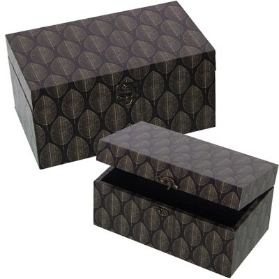 SET 2 DEKORIERTE BOXEN MDF-HOLZ/SCHWARZE POLYESTER-CANVAS-BLÄTTER_30X18X15+24X14X12CM LL27034