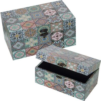 SET 2 DECORATED BOXES WOOD/POLYESTER CANVAS TILES 30X18X15+24X14X12CM LL27038