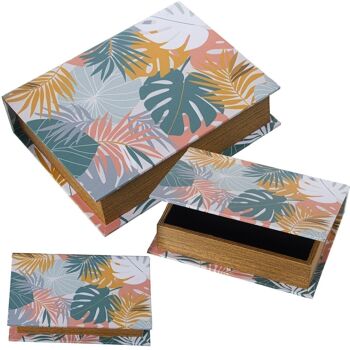 SET 3 BOÎTES LIVRES DÉCORÉES FEUILLES DE TOILE MDF/POLYESTER 30X24X8+24X18X6+18X12X4CM LL27041