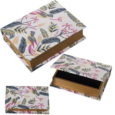 SET 3 DECORATED BOOK BOXESDMWOOD/POLYESTER CANVAS PARROT+ 30X24X8+24X18X6+18X12X4CM LL27043