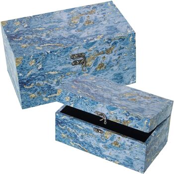 SET 2 BOITES DÉCORÉES BOIS MDF/TOILE POLYESTER BLEU+OR _30X18X15+24X14X12CM LL27046