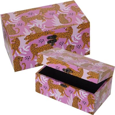 SET 2 BOITES DÉCORÉES BOIS/TOILE POLYESTER ROSE LÉOPARD 30X18X15+24X14X12CM LL27048