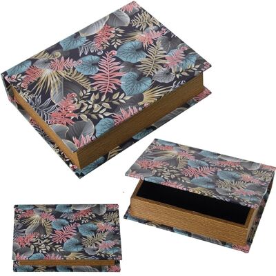 SET 3 DECORATED BOOK BOXES MDF WOOD/POLYESTER CANVAS SHEETS 30X24X8+24X18X6+18X12X4CM LL27050