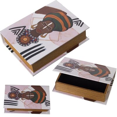 SET 3 DECORATED BOOK BOXESDMWOOD/AFRIC POLYESTER CANVAS 30X24X8+24X18X6+18X12X4CM LL27052