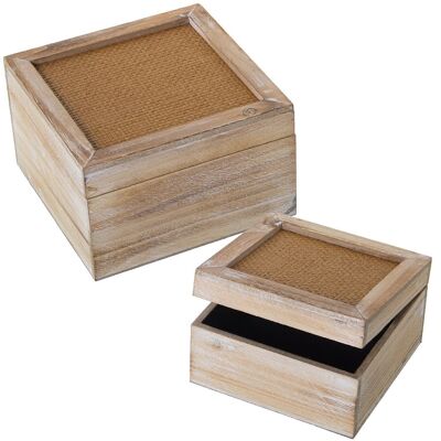 SET 2 SQUARE BOXES WOOD+RATTAN 20X20X12+16X16X9CM LL27053