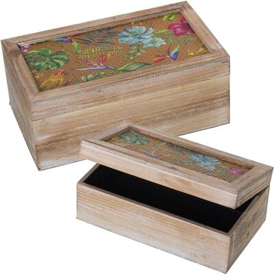 SET 2 SCATOLE RETTANGOLARI LEGNO+RATTO E FIORI DECORATI 30X18X12+24X14X9CM LL27054