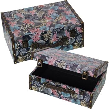 LOT DE 2 VALISES DÉCORÉES FEUILLES TOILE BOIS/POLYESTER 34,5X24,5X14+30X20X11,5CM LL27055