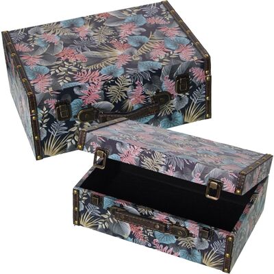 SET OF 2 DECORATED SUITCASES WOOD/POLYESTER CANVAS SHEETS 34.5X24.5X14+30X20X11.5CM LL27055