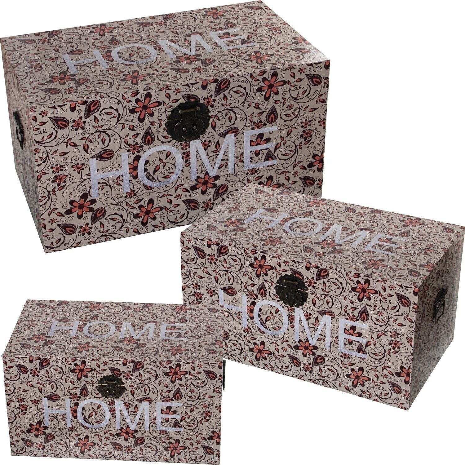SET 3 DEKORIERTE KOFFER HOLZ/POLYESTER-CANVAS -HOME- 65X38X35+55X32X30+45X26X25CM LL27056