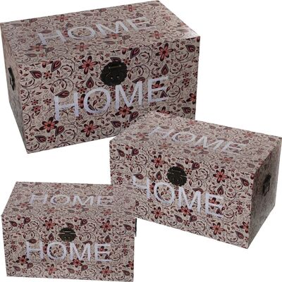 SET 3 DECORATED TRUNKS WOOD/POLYESTER CANVAS -HOME- 65X38X35+55X32X30+45X26X25CM LL27056