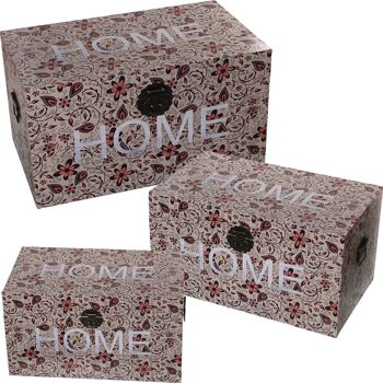 SET 3 MALLES DÉCORÉES BOIS/TOILE POLYESTER -Maison- 65X38X35+55X32X30+45X26X25CM LL27056