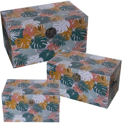 SET 3 COFFRES DÉCORÉS FEUILLES TOILE BOIS/POLYESTER 65X38X35+55X32X30+45X26X25CM LL27058