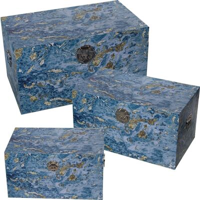 SET 3 DECORATED TRUNKS WOOD/POLYESTER CANVAS BLUE+GOLD 65X38X35+55X32X30+45X26X25CM LL27059