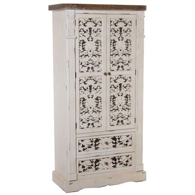 ARMOIRE EN BOIS AVEC 2 PORTES +2 TIROIRS SCULPTÉ BLANC VIEILLI 85X40X170CM, SAPIN+DM LL36400