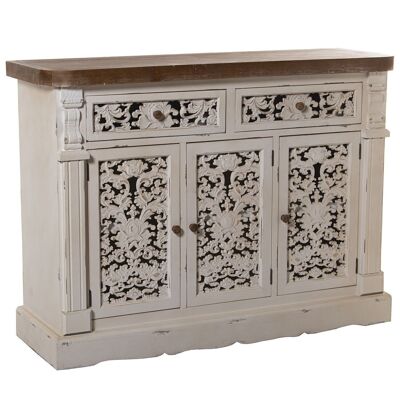 WOODEN ENTRANCE TABLE WITH 3 DOORS + 2 DRAWERS CARVED WHITE IN 121X39X90CM, FIR+DM LL36401