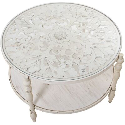 TABLE BASSE EN BOIS SCULPTÉ+ ETAGERE INFERIEURE BLANC ANTIQUE _°81X49CM, SAPIN+VERRE LL36405
