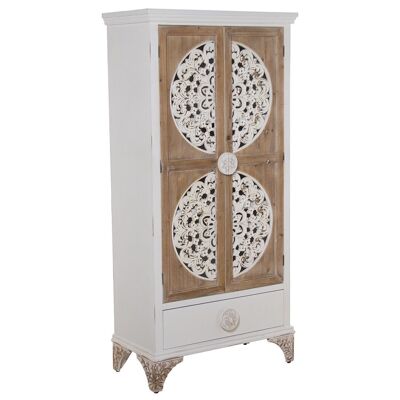 ARMOIRE EN BOIS AVEC 2 PORTES+1 TIROIR SCULPTÉ NATUREL/BLANC 81X41X175CM, SAPIN+DM LL36410