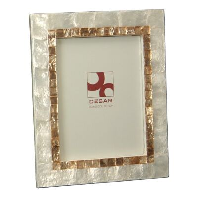 MOTHER OF PEARL PHOTO HOLDER 15X20CM NATURAL GOLDEN FRAME _EXT:22X27.5X1CM LL37422
