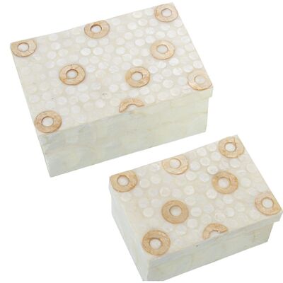 SET 2 RECT NACRE BOXES. NATURAL TOASTED RINGS 21X14X10CM+16X11X8CM LL37722