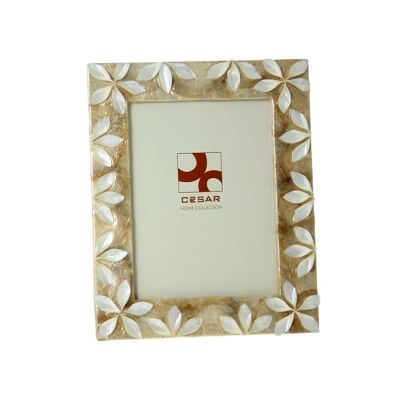MOTHER OF PEARL PHOTO HOLDER 10X15CM NATURAL/TAN RELIEF FLOWERS _EXT.17X22X1CM LL37851