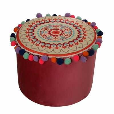 FUCHSIA UPHOLSTERED POUF WITH EMBROIDERY+POMPOM FRINGES °40X30CM, POLY╔STER/WOOD LL44172