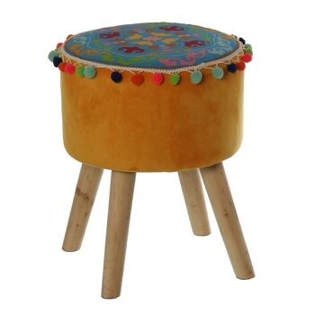 TABOURET BOIS MOSTAZAC TISSU/BRODERIE+ FRANGES POMPONS °30X40CM LL44173