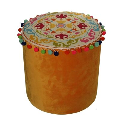 MUSTARD UPHOLSTERED POUF WITH EMBROIDERY AND POMPOM FRINGES °35X36CM, POLYESTER/DM WOOD LL44174