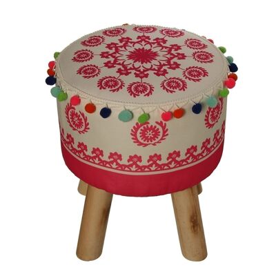 WOODEN FABRIC STOOL WITH EMBROIDERY+ WHITE/PINK POMPOM FRINGES °30X37CM LL44175