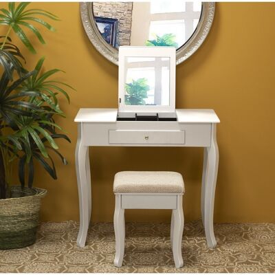 WHITE WOODEN DRESSING TABLE W/MIRROR+BEI FABRIC UPHOLSTERED BENCH 80X40X74CM-BENCH:36.5X29X46CM LL45276