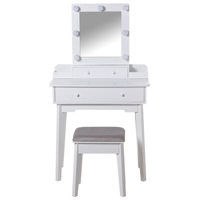 WHITE WOODEN DRESSING TABLE WITH MIRROR, LED LIGHTS+STOOL 75X40X135CM-STOOL:36X28X45 LL47504