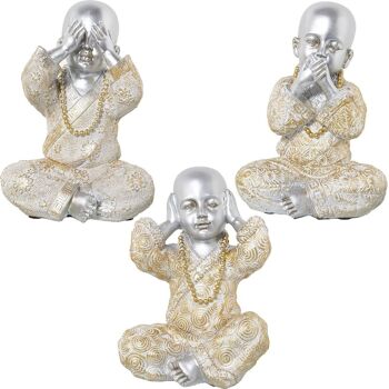 FIGURINE DE BOUDDHA EN RÉSINE DORÉE AVEC TUNIQUE EN ARGENT 16,5X11X20CM (CHAQUE FIG.ENVIRON) LL48690