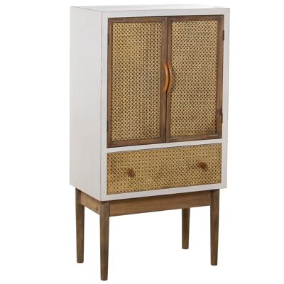 WOODEN CABINET W/DOORS AND DRAWER WHITE/SIMULATED WICKER 60X35X116CM, DM+FIR LL48913
