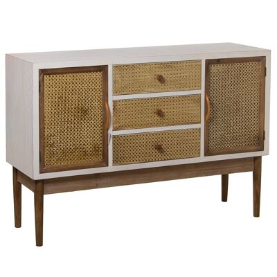 WOODEN SIDEBOARD W/DOORS AND 3 DRAWERS WHITE/SIMULATED WICKER 120X35X81CM, DM+FIR LL48914