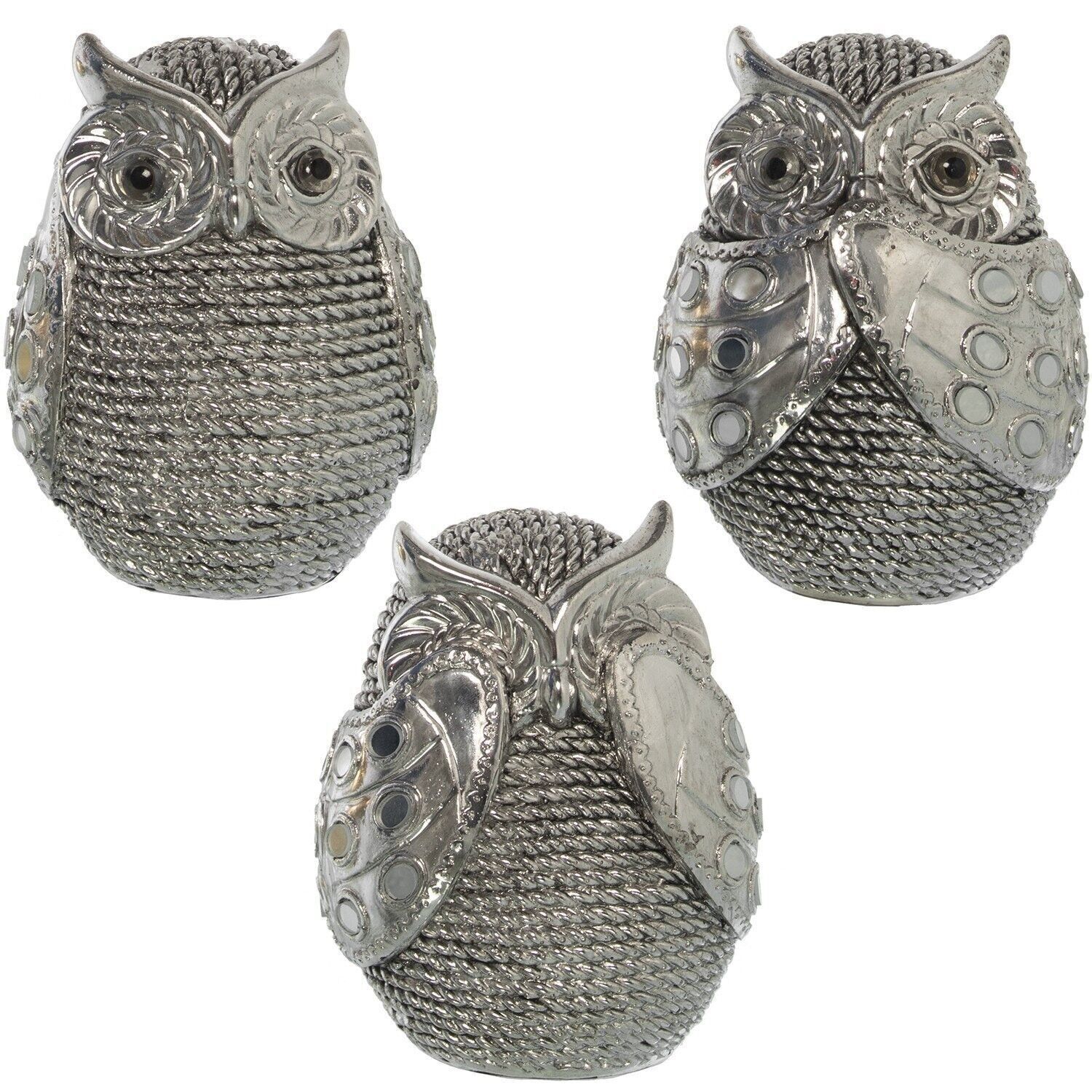 SILVER RESIN OWL FIGURE _8.5X8X11CM LL49256