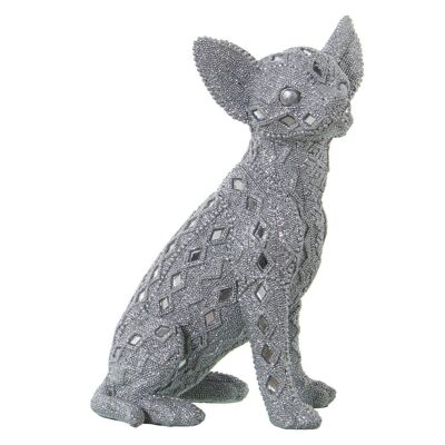 FIGURINE CHIEN EN RÉSINE ARGENT GRANULÉ AVEC MIROIR 18X13X25CM LL49767