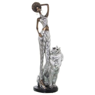 AFRICAN RESIN FIGURE WITH SILVER LION 15X10X39CM LL49845