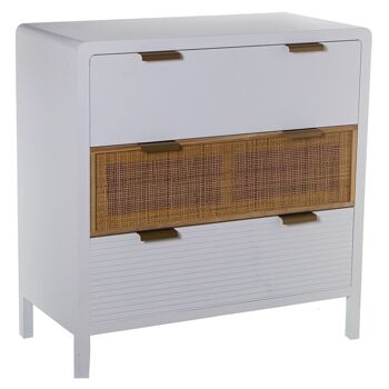 COMMODE EN BOIS 3 TIROIRS BLANC/ROTIN 80X40X82CM, SAPIN+DM+RAT┴N LL49895