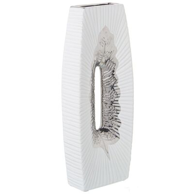 VASE FEUILLE EN CÉRAMIQUE ARGENT/BLANC 17X7X41CM LL50093