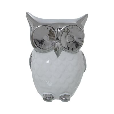 FIGURA GUFO CERAMICA BIANCA/ARGENTO 10X9X14CM LL50115