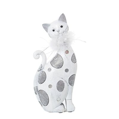 RESIN FIGURE WHITE/SILVER CAT W/ARTIFICIAL FEATHER 10X6X23CM LL50279
