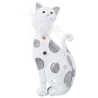 FIGURA RESINA GATO BLANCO/PLATA C/PLUMA ARTIFICIAL 12X6X26CM LL50280