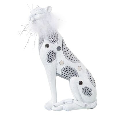 WHITE/SILVER LEOPARD RESIN FIGURE W/ARTIFICIAL FEATHER 16X8X25CM LL50281